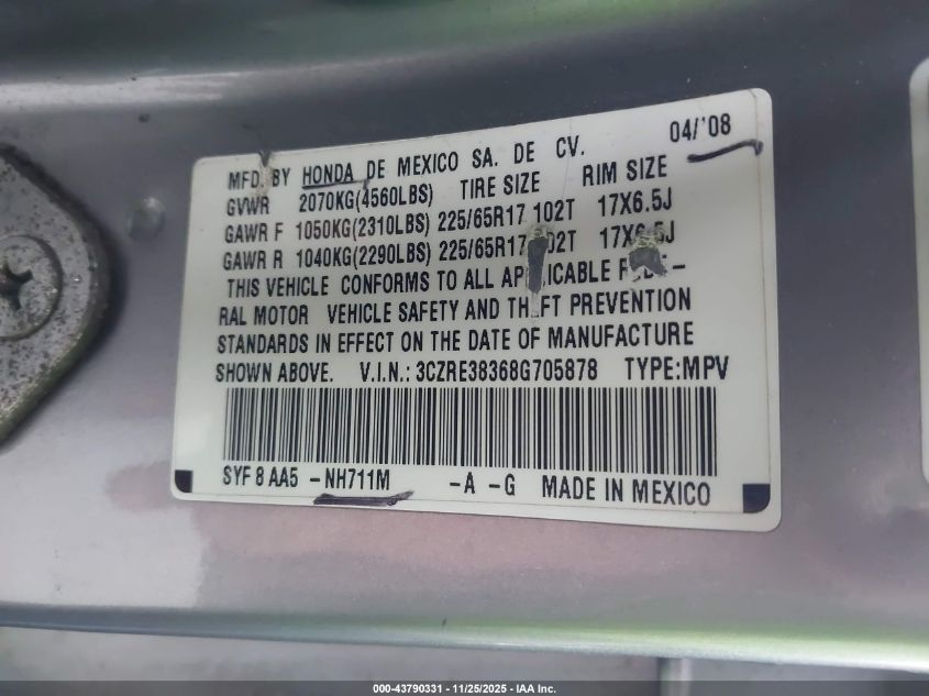 2008 Honda Cr-V Lx VIN: 3CZRE38368G705878 Lot: 43790331