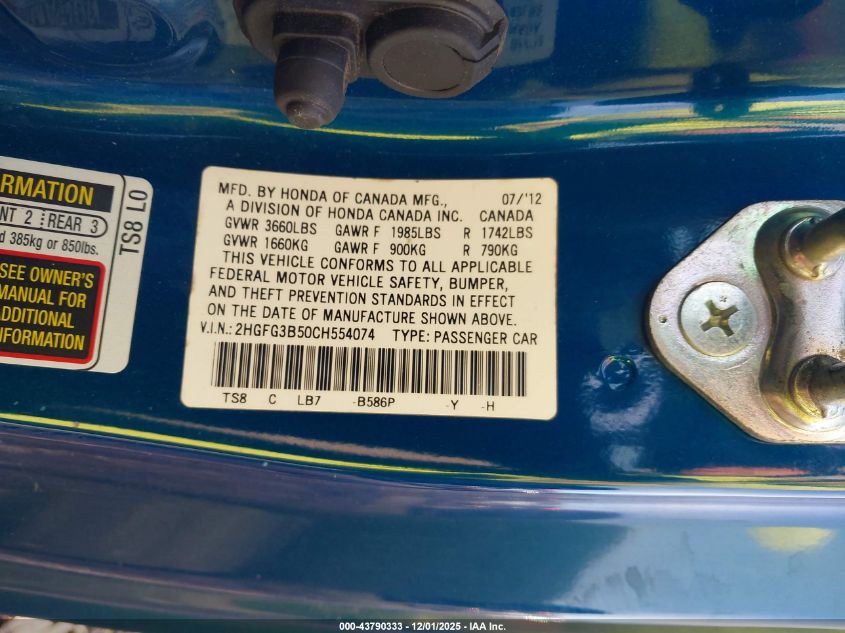 2012 Honda Civic Lx VIN: 2HGFG3B50CH554074 Lot: 43790333