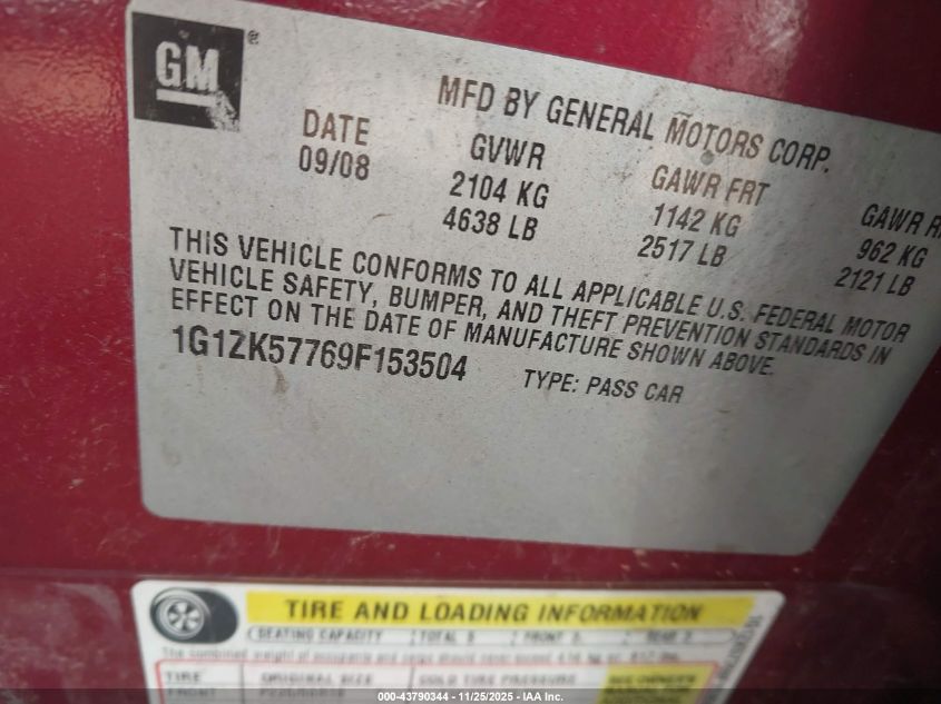 2009 Chevrolet Malibu Ltz VIN: 1G1ZK57769F153504 Lot: 43790344