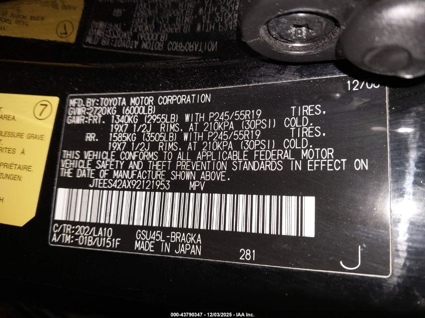 2009 Toyota Highlander Limited VIN: JTEES42AX92121953 Lot: 43790347