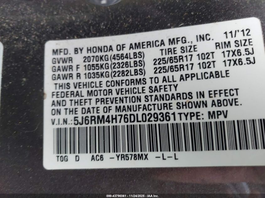 2013 Honda Cr-V Ex-L VIN: 5J6RM4H76DL029361 Lot: 43790361