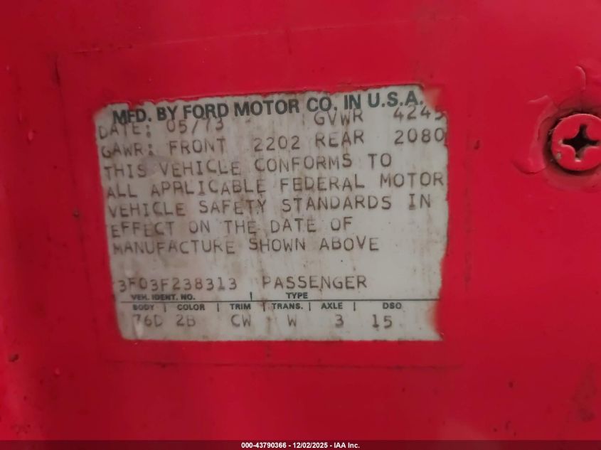 1973 Ford Mustang VIN: 0000003F03F283813 Lot: 43790366