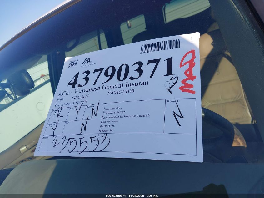 1999 Lincoln Navigator VIN: 5LMRU27A3XLJ21578 Lot: 43790371