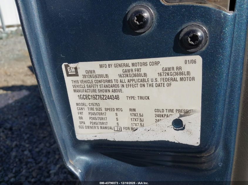 2006 Chevrolet Silverado 1500 Lt1 VIN: 1GCEC19Z76Z244348 Lot: 43790373