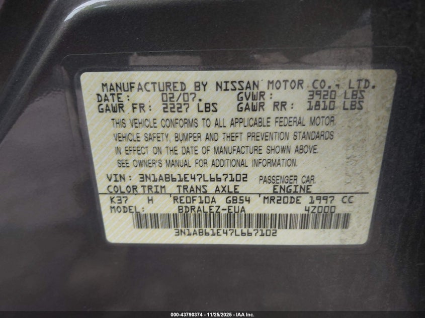 3N1AB61E47L667102 2007 NISSAN SENTRA photo no. 9