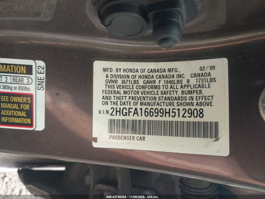 2009 Honda Civic Lx-S VIN: 2HGFA16699H512908 Lot: 43790385