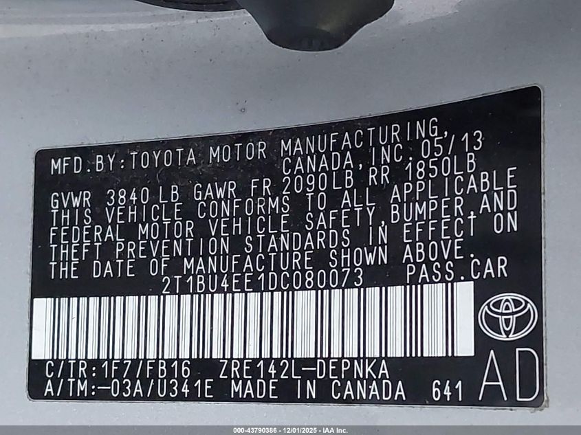 2013 Toyota Corolla Le VIN: 2T1BU4EE1DC080073 Lot: 43790386