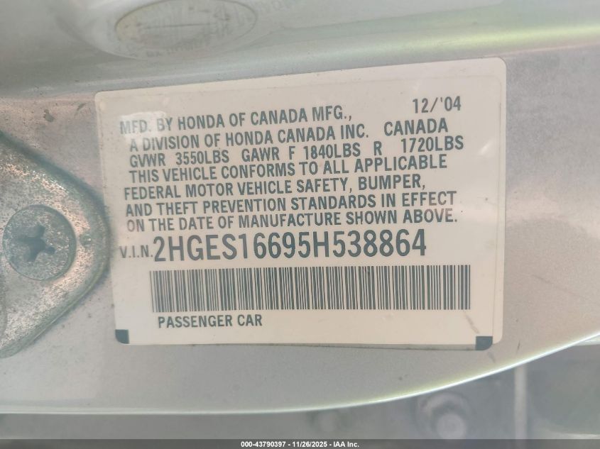 2005 Honda Civic Lx VIN: 2HGES16695H538864 Lot: 43790397