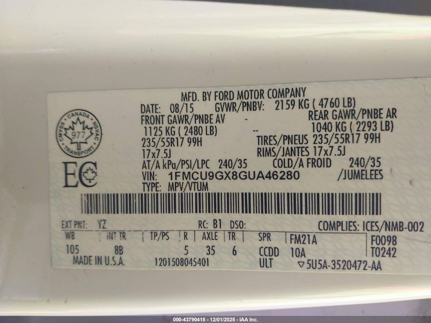 2016 Ford Escape Se VIN: 1FMCU9GX8GUA46280 Lot: 43790418