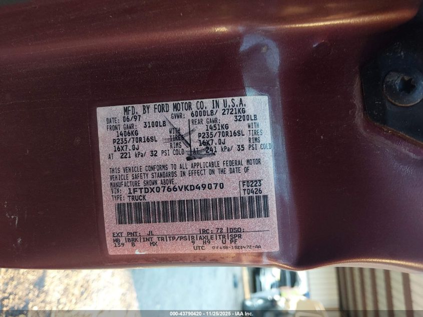 1997 Ford F-150 Lariat/Standard/Xl/Xlt VIN: 1FTDX0766VKD49070 Lot: 43790420
