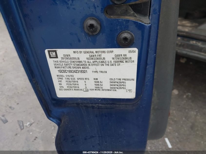 2004 Chevrolet Silverado 1500 Work Truck VIN: 1GCEC19X24Z318321 Lot: 43790424