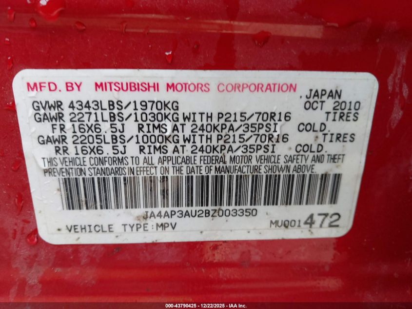 2011 Mitsubishi Outlander Sport Es VIN: JA4AP3AU2BZ003350 Lot: 43790425