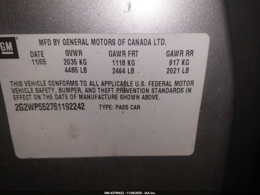 2006 Pontiac Grand Prix VIN: 2G2WP552761192242 Lot: 43790432