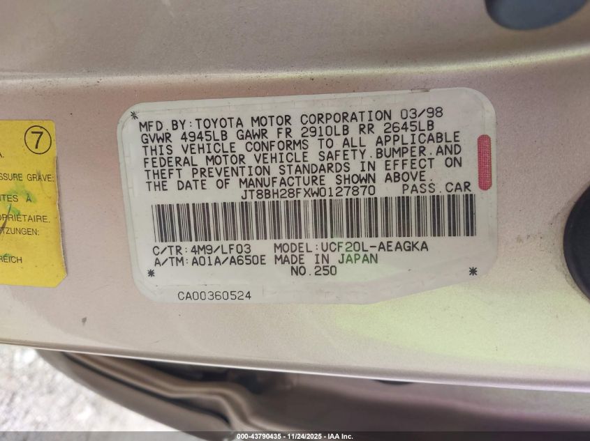 1998 Lexus Ls 400 VIN: JT8BH28FXW0127870 Lot: 43790435