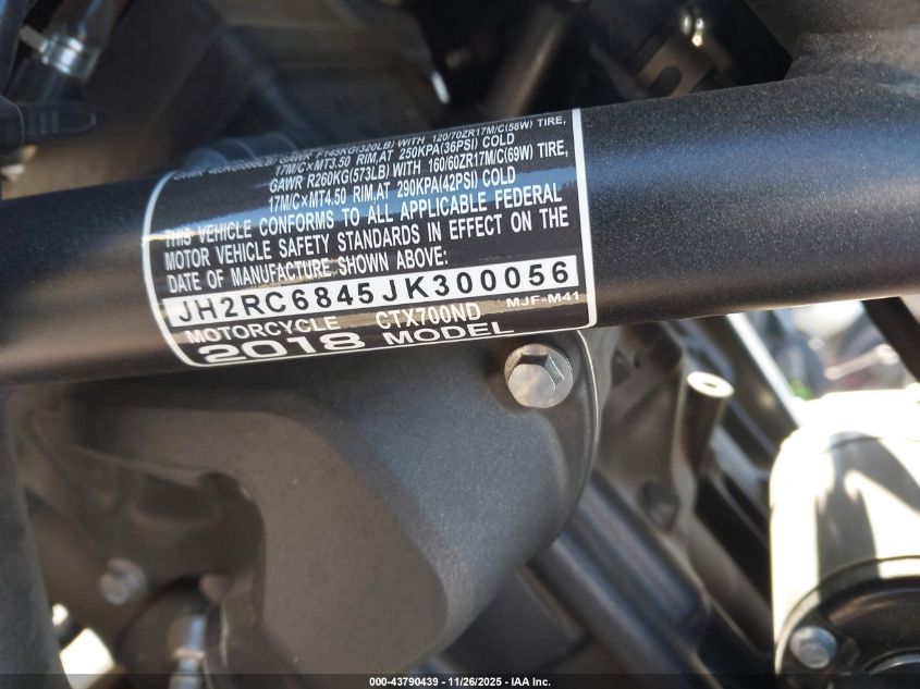 2018 Honda Ctx700 Nd VIN: JH2RC6845JK300056 Lot: 43790439