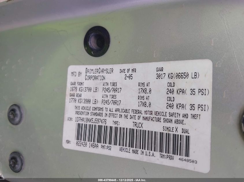 2005 Dodge Ram 1500 St VIN: 1D7HA18NX5J597476 Lot: 43790445