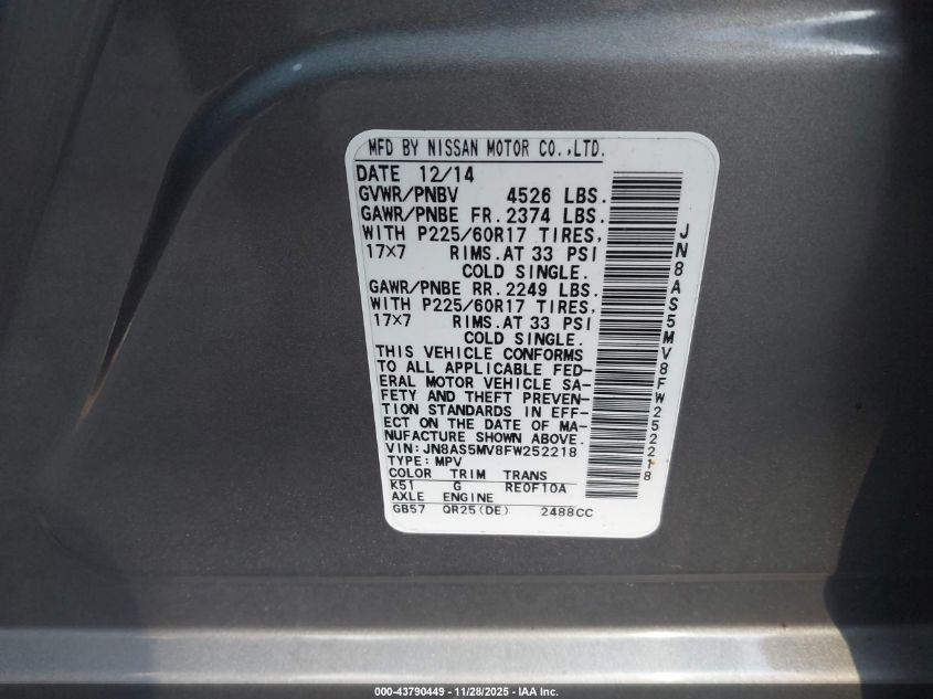 2015 Nissan Rogue Select S VIN: JN8AS5MV8FW252218 Lot: 43790449