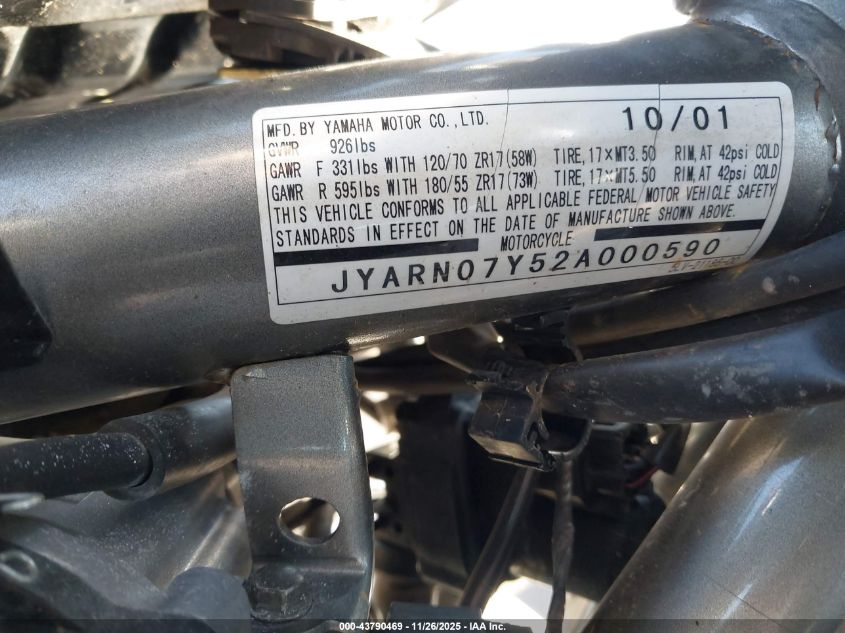 2002 Yamaha Fzs10 VIN: JYARN07Y52A000590 Lot: 43790469