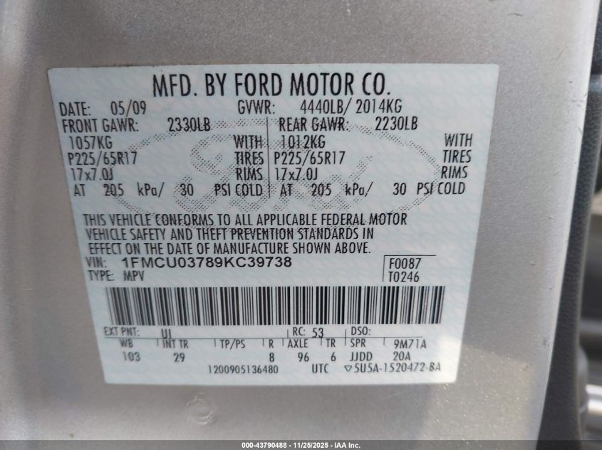 2009 Ford Escape Xlt VIN: 1FMCU03789KC39738 Lot: 43790488