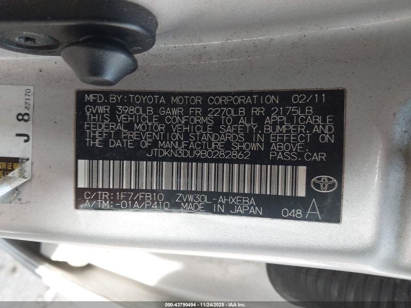 2011 Toyota Prius Three VIN: JTDKN3DU9B0282862 Lot: 43790494