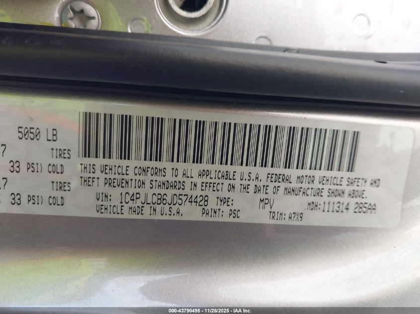 2018 Jeep Cherokee Latitude Fwd VIN: 1C4PJLCB6JD574428 Lot: 43790495