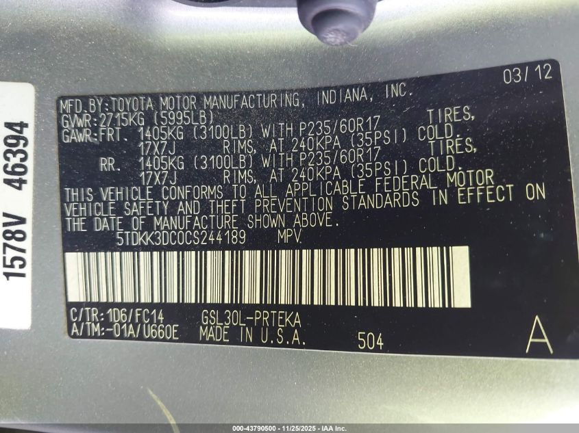 2012 Toyota Sienna Le V6 8 Passenger VIN: 5TDKK3DC0CS244189 Lot: 43790500