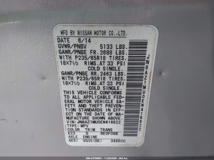 2014 Nissan Murano S VIN: JN8AZ1MU0EW416622 Lot: 43790501