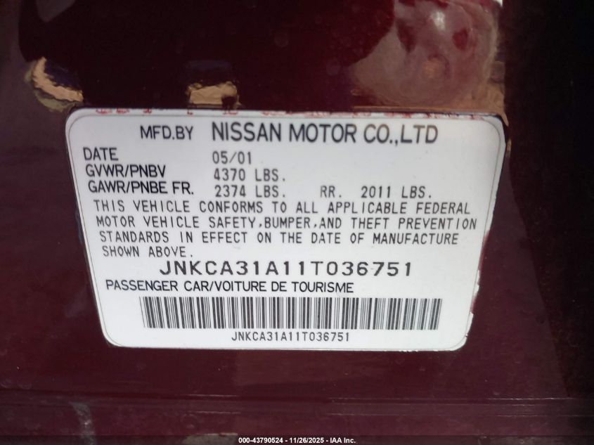 2001 Infiniti I30 Luxury VIN: JNKCA31A11T036751 Lot: 43790524