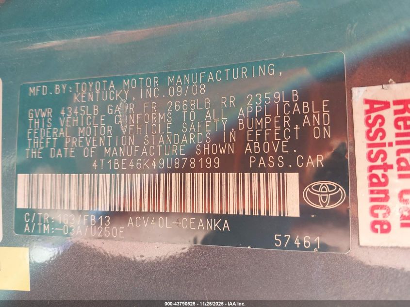 2009 Toyota Camry Le VIN: 4T1BE46K49U878199 Lot: 43790525
