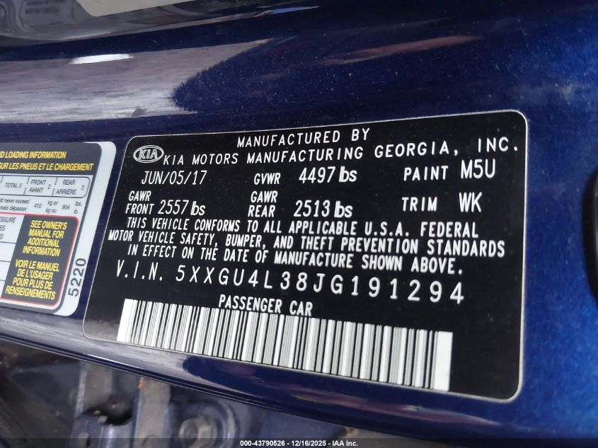 2018 Kia Optima Ex VIN: 5XXGU4L38JG191294 Lot: 43790526