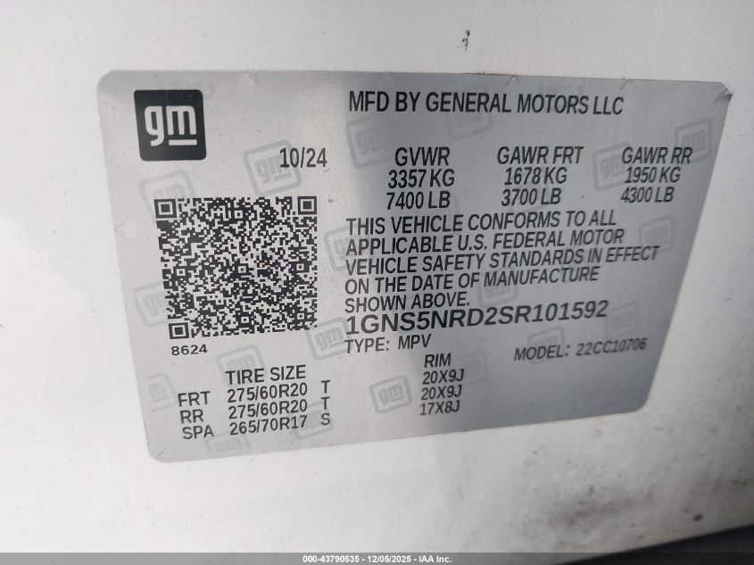 2025 Chevrolet Tahoe 2Wd Lt VIN: 1GNS5NRD2SR101592 Lot: 43790535