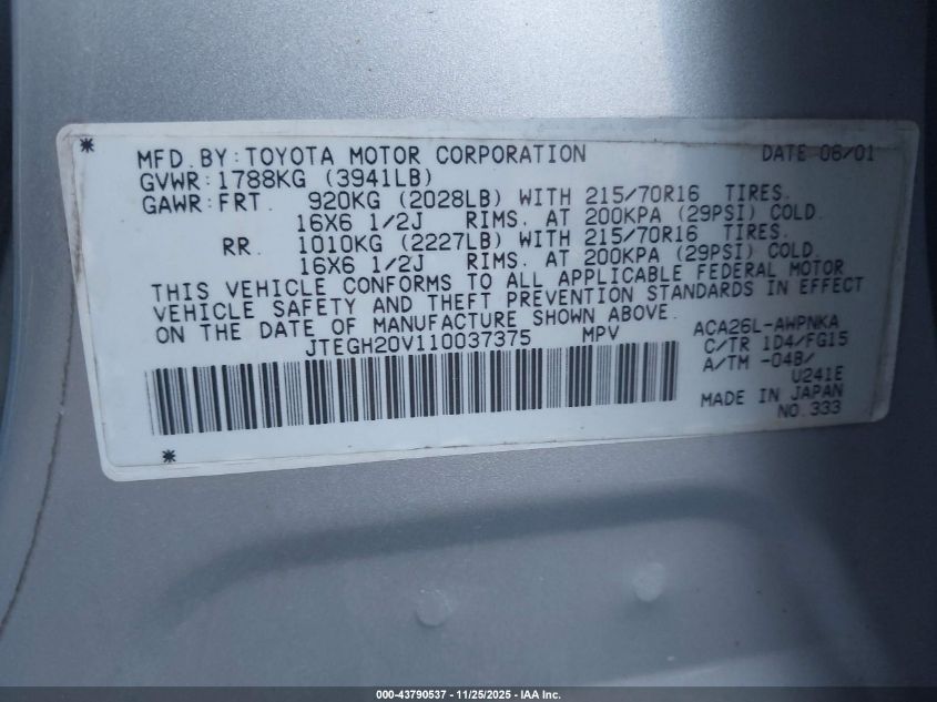 2001 Toyota Rav4 VIN: JTEGH20V110037375 Lot: 43790537