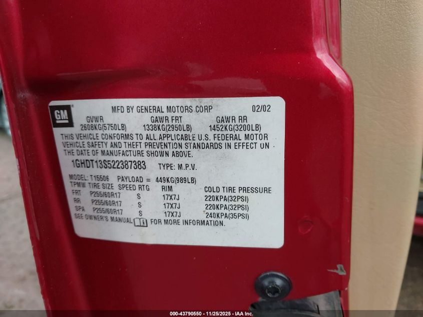 2002 Oldsmobile Bravada VIN: 1GHDT13S522387383 Lot: 43790550