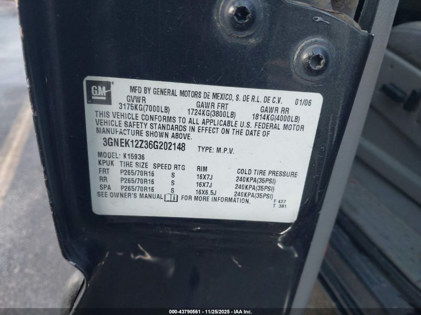 2006 Chevrolet Avalanche 1500 Lt VIN: 3GNEK12Z36G202148 Lot: 43790561