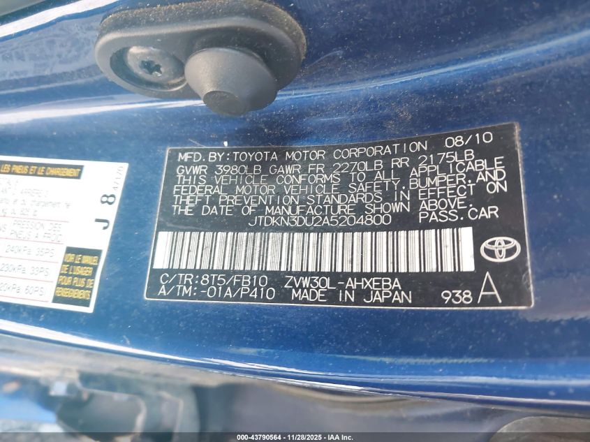 2010 Toyota Prius Ii VIN: JTDKN3DU2A5204800 Lot: 43790564
