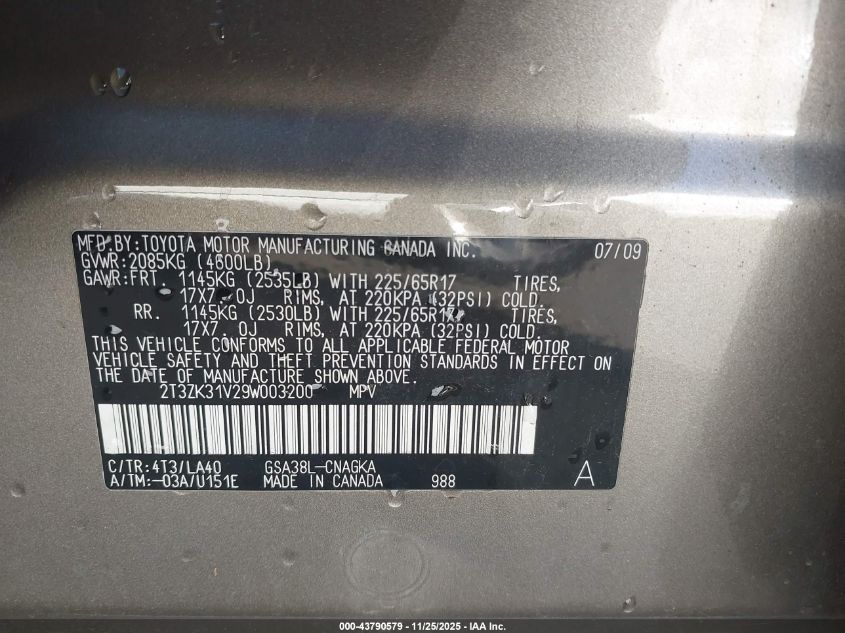 2009 Toyota Rav4 Limited V6 VIN: 2T3ZK31V29W003200 Lot: 43790579