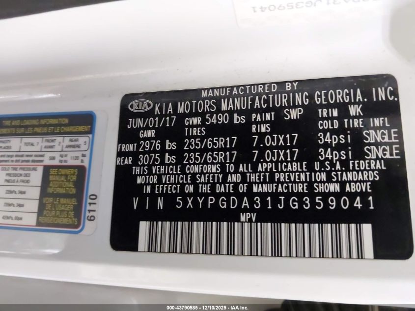 2018 Kia Sorento 2.4L Lx VIN: 5XYPGDA31JG359041 Lot: 43790585