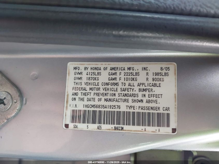 2005 Honda Accord 2.4 Ex VIN: 1HGCM56835A192576 Lot: 43790590