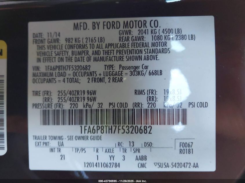 2015 Ford Mustang Ecoboost VIN: 1FA6P8TH7F5320682 Lot: 43790595