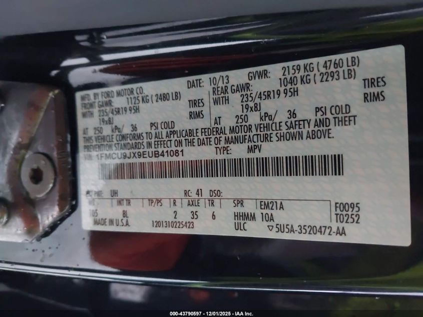 2014 Ford Escape Titanium VIN: 1FMCU9JX9EUB41081 Lot: 43790597