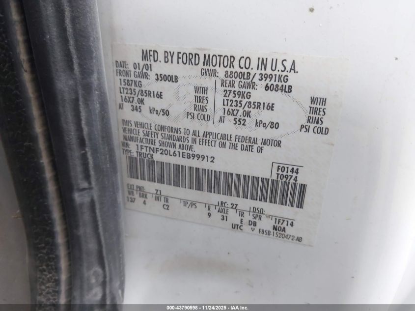 2001 Ford Super Duty F-250 Xl/Xlt VIN: 1FTNF20L61EB99912 Lot: 43790598