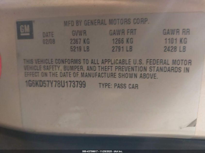 2008 Cadillac Dts 1Sd VIN: 1G6KD57Y78U173799 Lot: 43790617