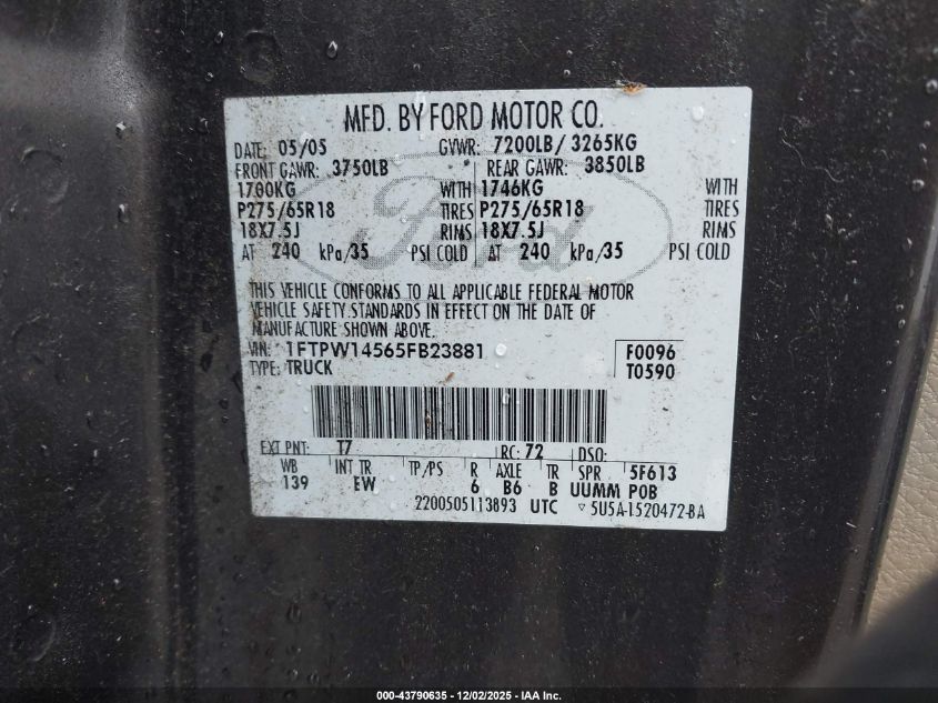 2005 Ford F-150 Fx4/Lariat/Xlt VIN: 1FTPW14565FB23881 Lot: 43790635