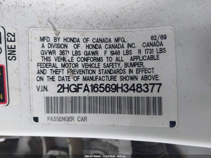 2009 Honda Civic Lx VIN: 2HGFA16569H348377 Lot: 43790640