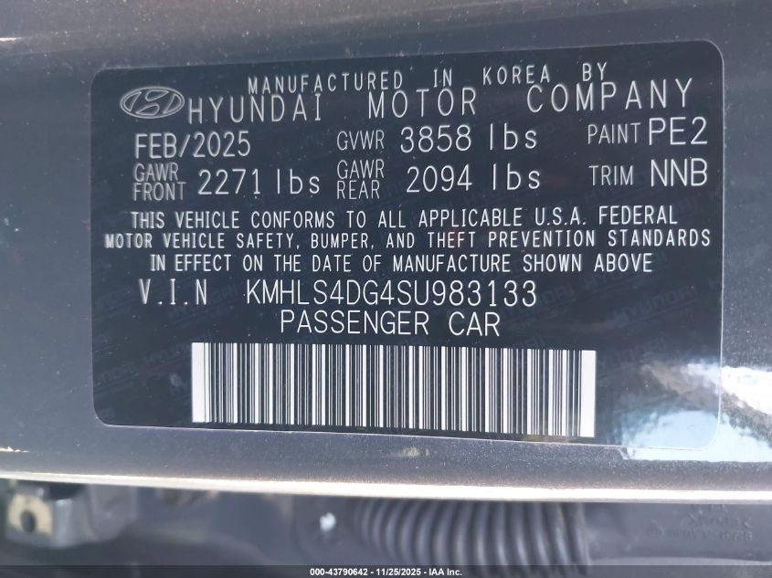 2025 Hyundai Elantra Sel Convenience VIN: KMHLS4DG4SU983133 Lot: 43790642