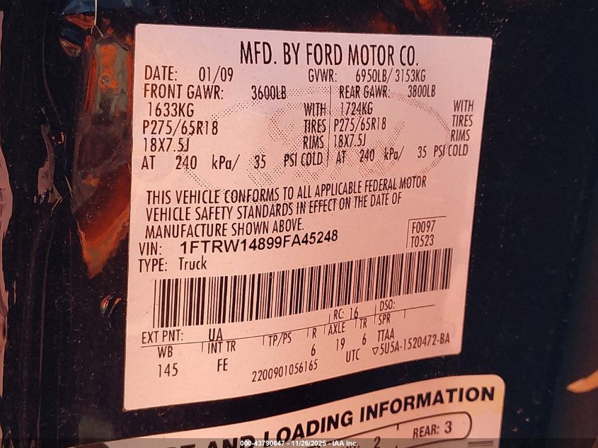 2009 Ford F-150 Xl/Xlt VIN: 1FTRW14899FA45248 Lot: 43790647