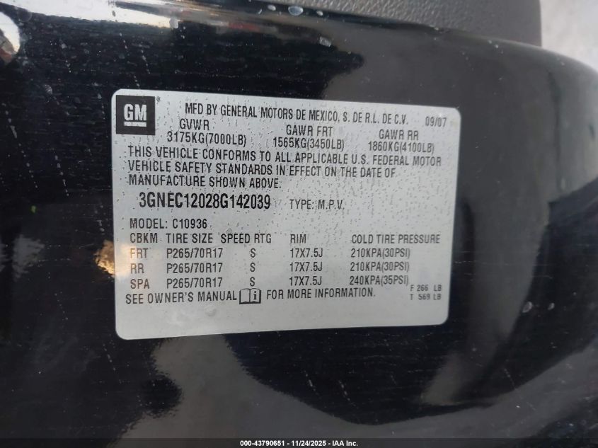 2008 Chevrolet Avalanche 1500 Lt VIN: 3GNEC12028G142039 Lot: 43790651