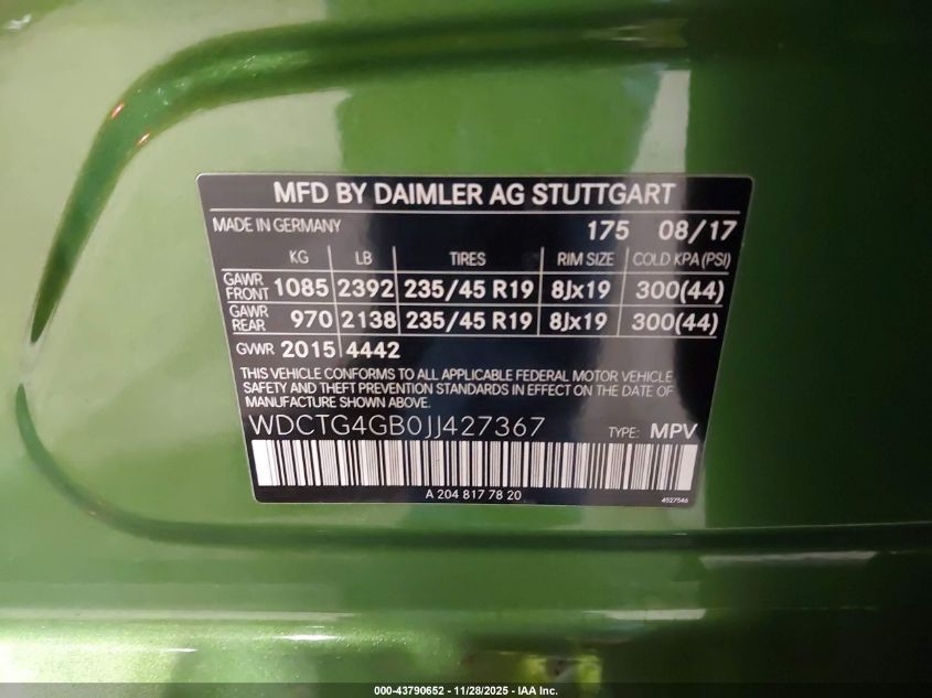 2018 Mercedes-Benz Gla 250 4Matic VIN: WDCTG4GB0JJ427367 Lot: 43790652