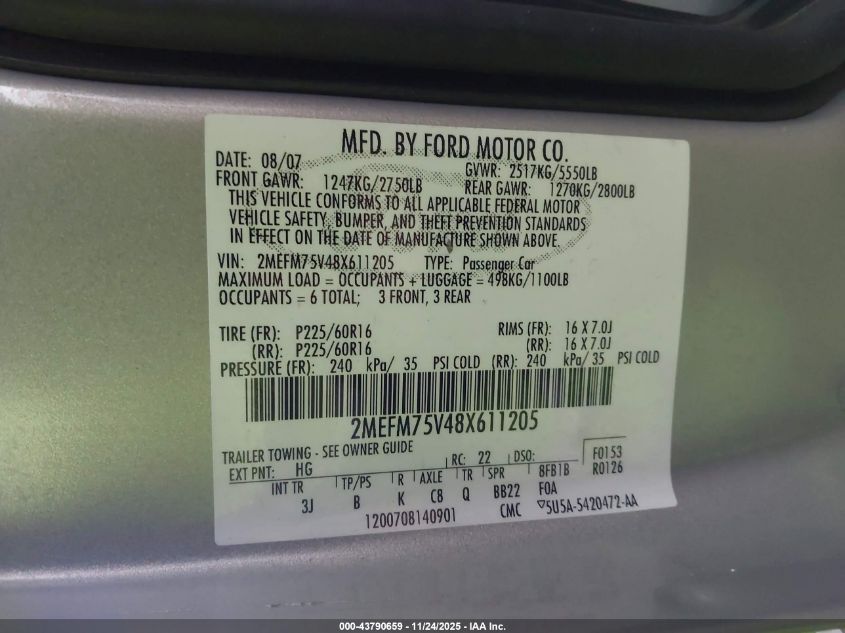 2008 Mercury Grand Marquis Ls VIN: 2MEFM75V48X611205 Lot: 43790659