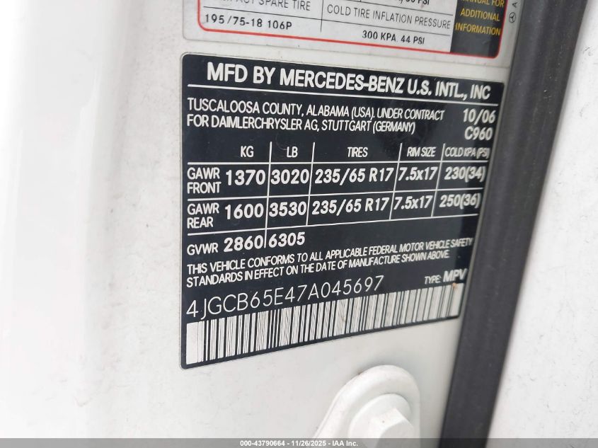 2007 Mercedes-Benz R 350 4Matic VIN: 4JGCB65E47A045697 Lot: 43790664